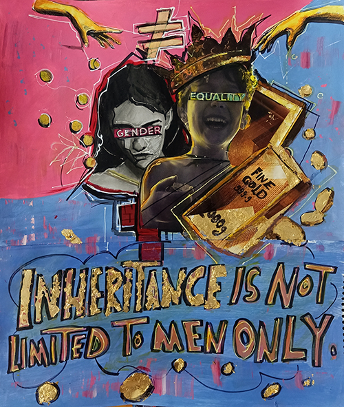 Illustration shows a boy with a crown and a girl with a blindfold. Around them is gold and the text "inheritance is not limited to men only."