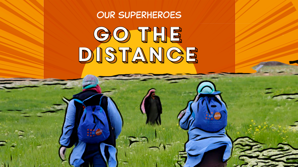 A photo illustration shows health outreach workers in personal protective gear walking to meet a man in a field. The text says, "Our superheroes go the distance."