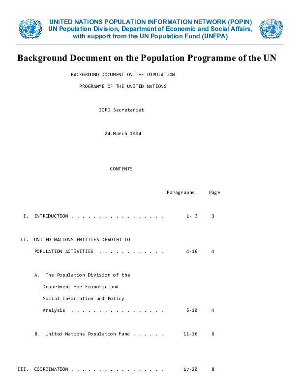 Background Document On The Population Programme Of The Un United Nations Population Fund