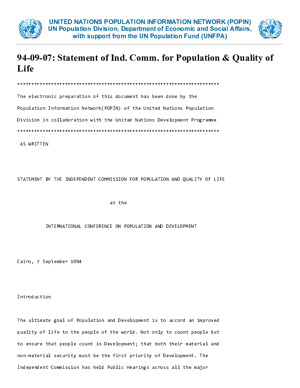 Statement Of Independent Commission For Population Quality Of Life