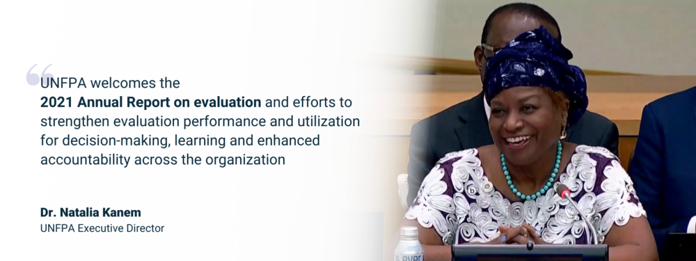 Quote card featuring Dr Natalia Kanem delivering a statement on UNFPA's evaluation function