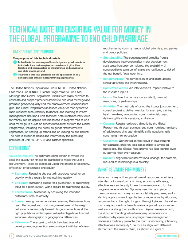 Technical Note on Ensuring Value for Money in the Global Programme to End Child Marriage