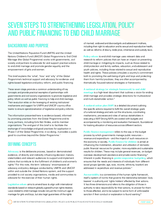 Seven steps to strengthening legislation, policy and public financing to end child marriage  