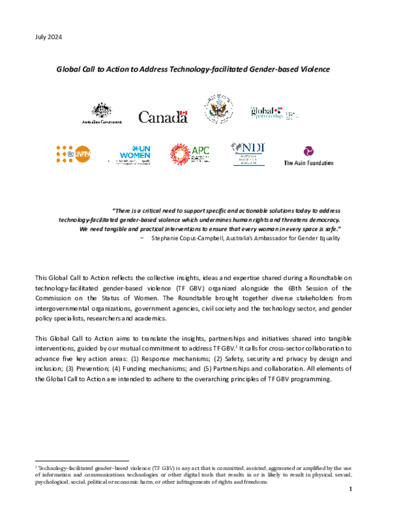Global Call to Action to Address Technology-facilitated Gender-based Violence