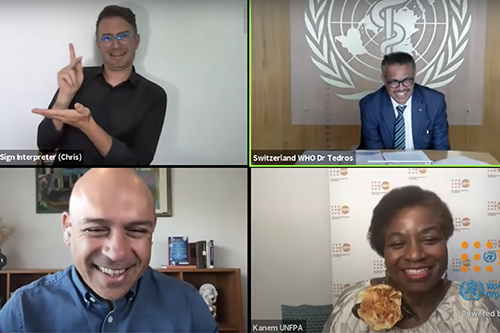 A screenshot of the virtual high-level panel shows a sign language interpreter, the host Raj Kumar, as well as WHO Director-General Dr. Tedros and UNFPA Executive Director Dr. Kanem 