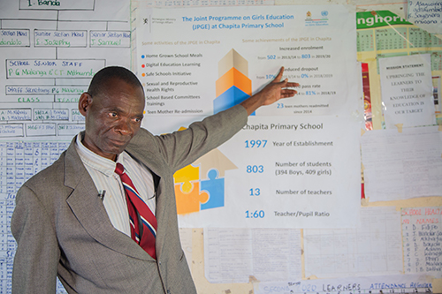 Mr. Zatha points to a poster showing some of the results of the programme in Chapita Primary School.